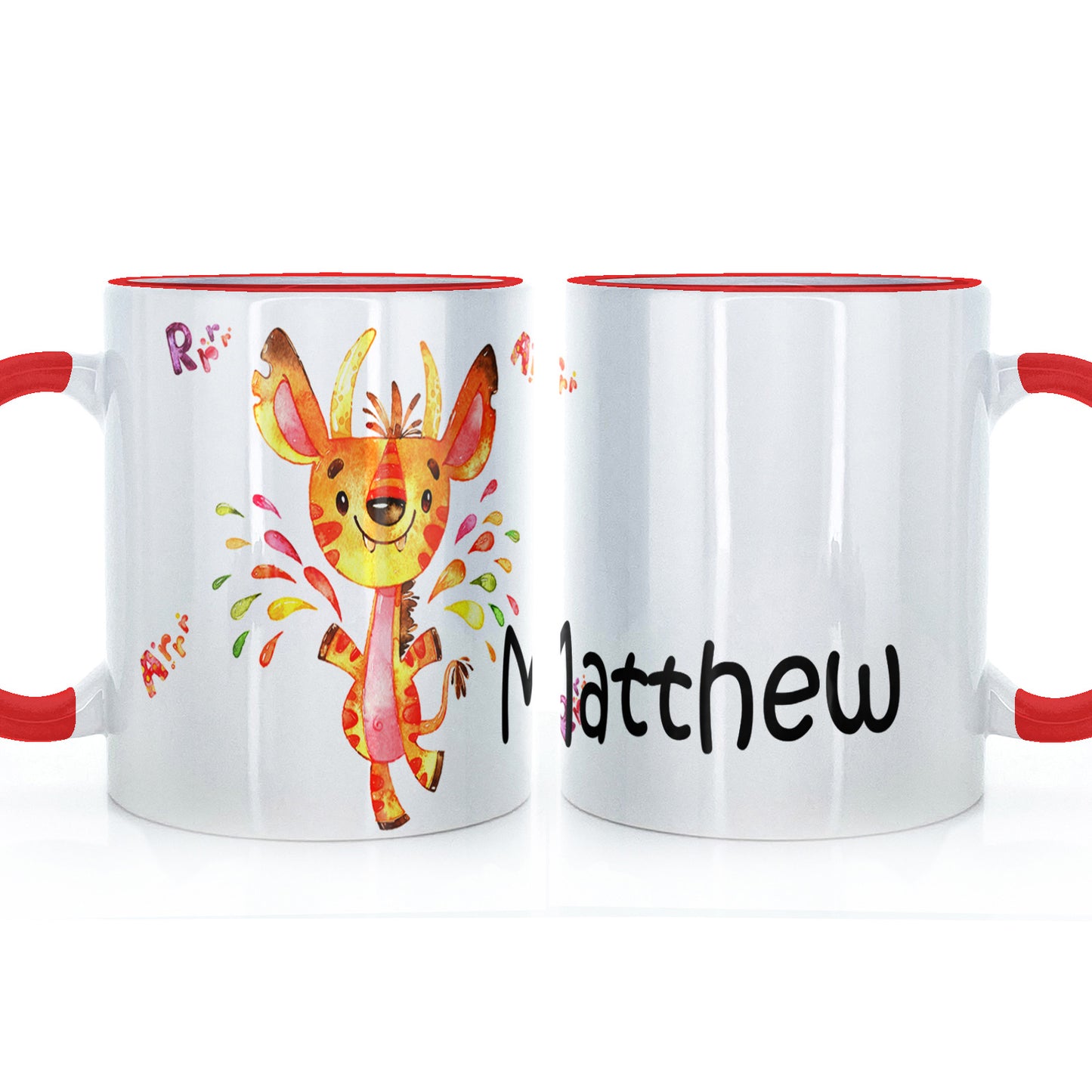 Personalised Mug with Childish Text and Horned Growling Orange Splatter Monster