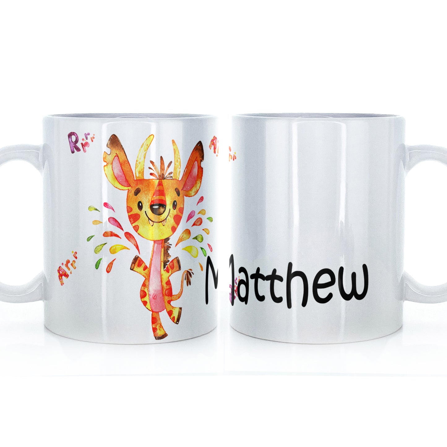Personalised Mug with Childish Text and Horned Growling Orange Splatter Monster