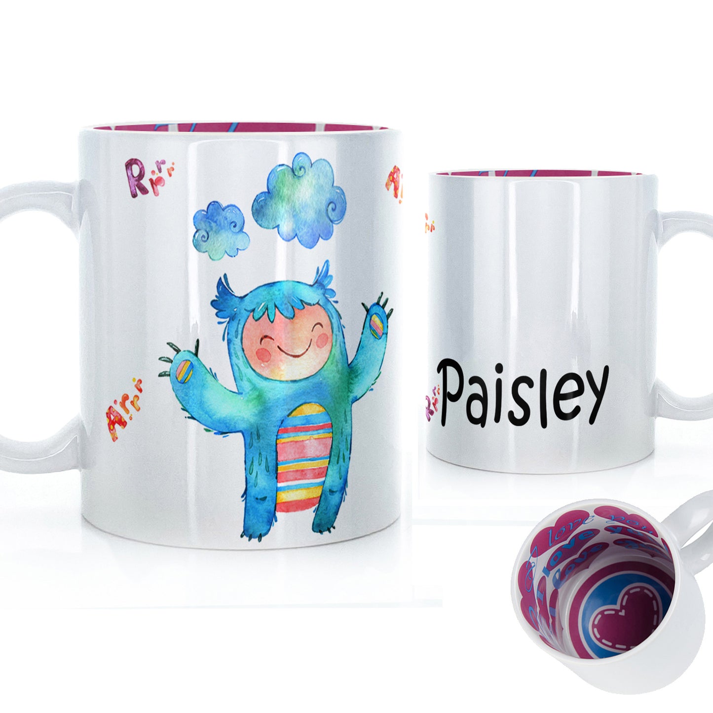 Personalised Mug with Childish Text and Furry Blue Growling Clouded Monster