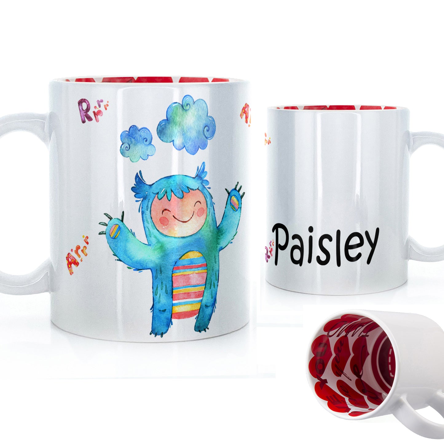 Personalised Mug with Childish Text and Furry Blue Growling Clouded Monster
