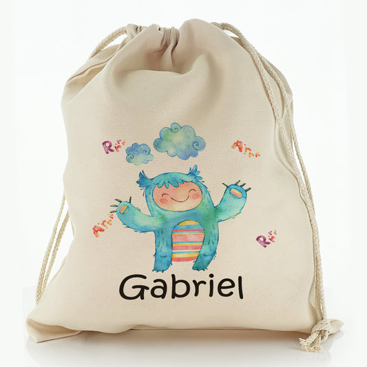 Personalised Canvas Sack with Childish Text and Furry Blue Growling Clouded Monster