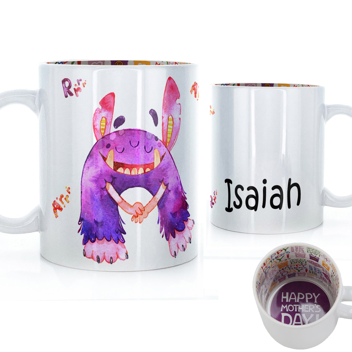 Personalisierte Tasse mit kindlichem Text und pelzigem knurrenden lila Monster