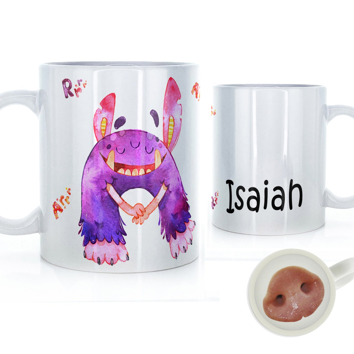 Personalised Mug with Childish Text and Furry Growling Purple Monster
