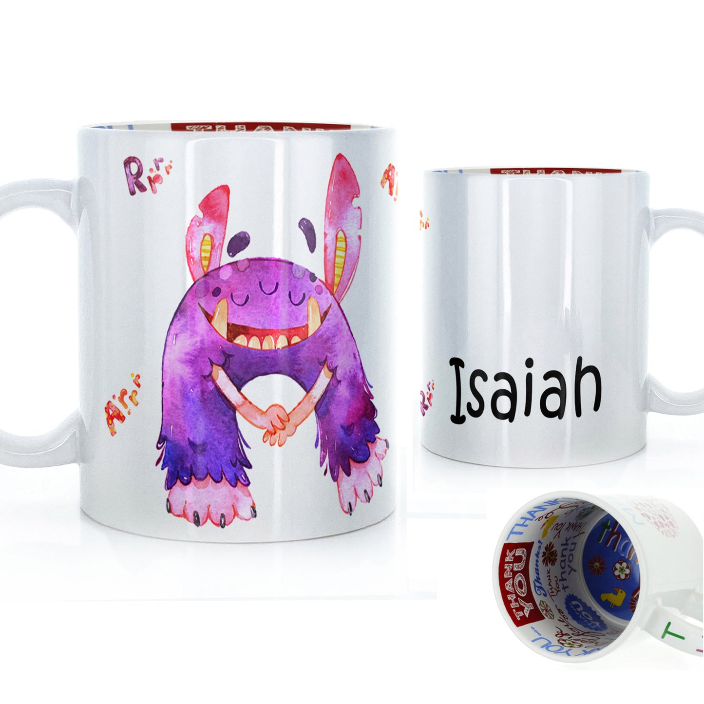 Personalisierte Tasse mit kindlichem Text und pelzigem knurrenden lila Monster