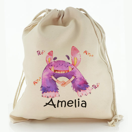 Personalised Canvas Sack with Childish Text and Furry Growling Purple Monster