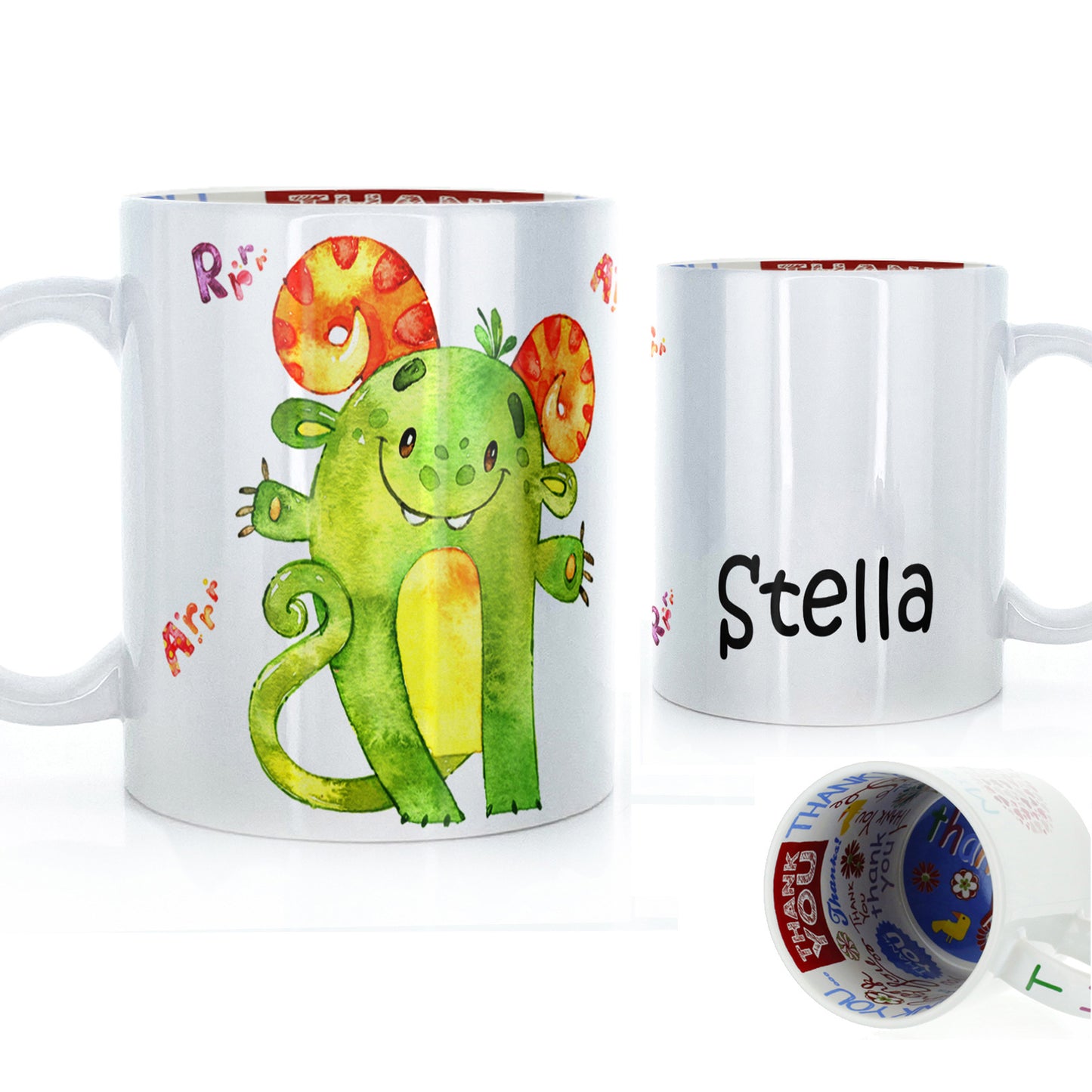 Personalised Mug with Childish Text and Horned Growling Green Monster