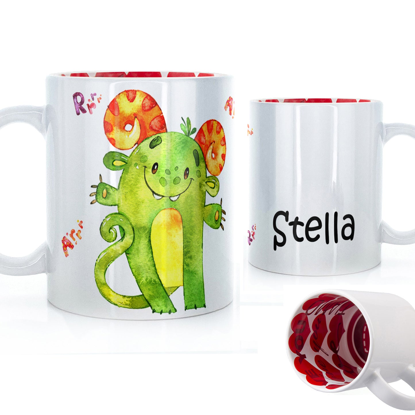 Personalised Mug with Childish Text and Horned Growling Green Monster