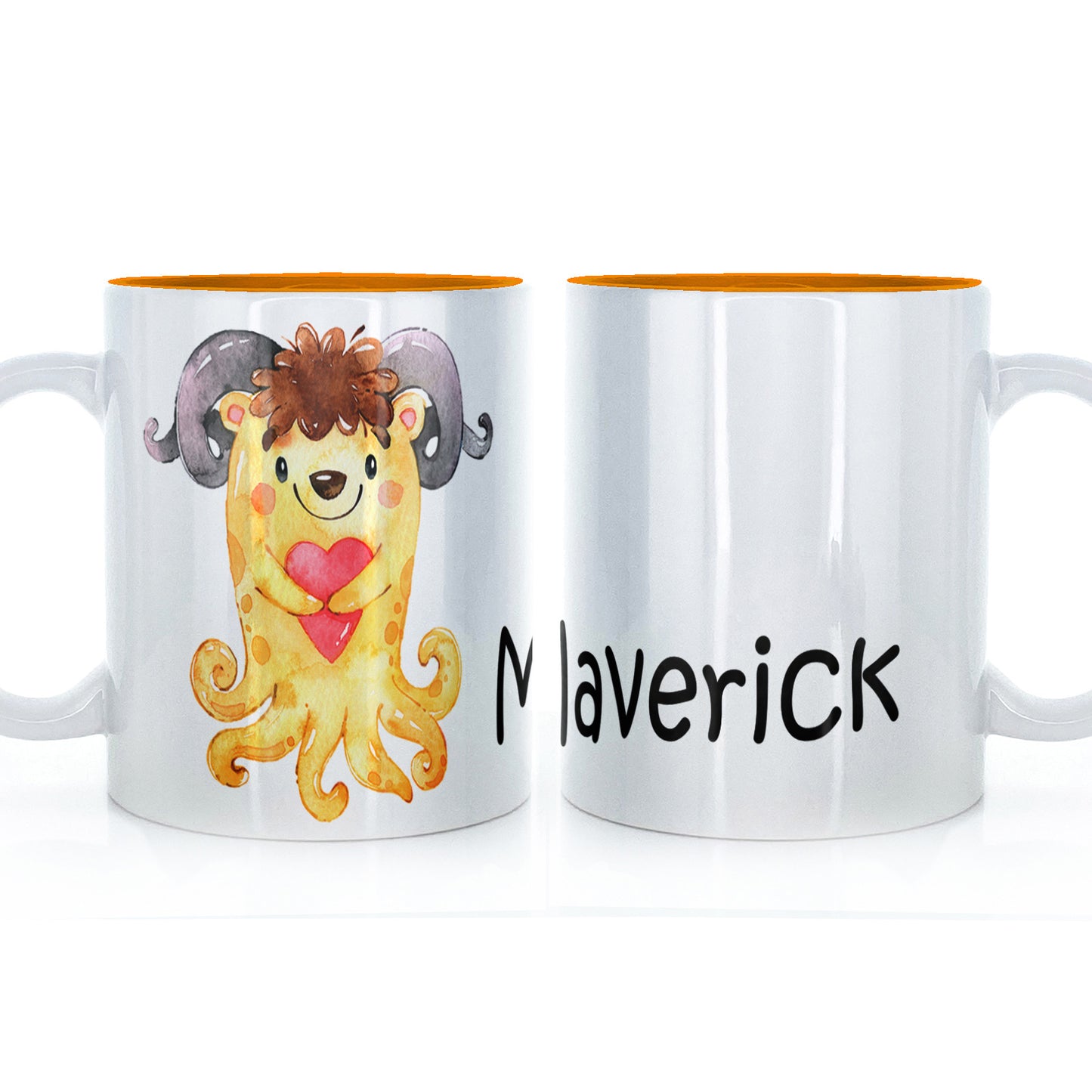 Personalised Mug with Childish Text and Tentacled Yellow Heart Monster