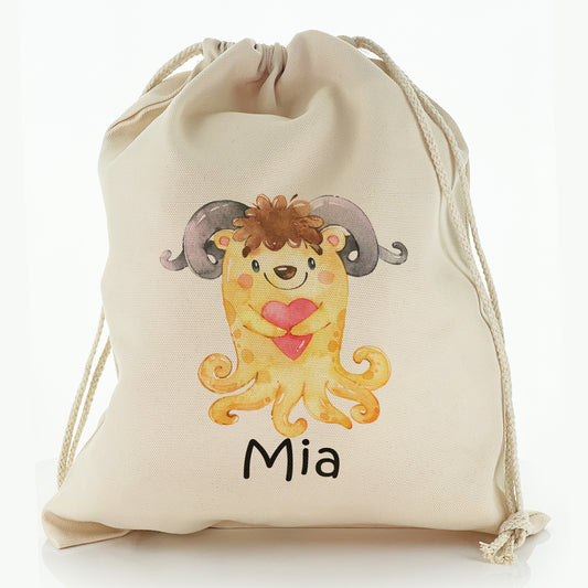Personalised Canvas Sack with Childish Text and Tentacled Yellow Heart Monster