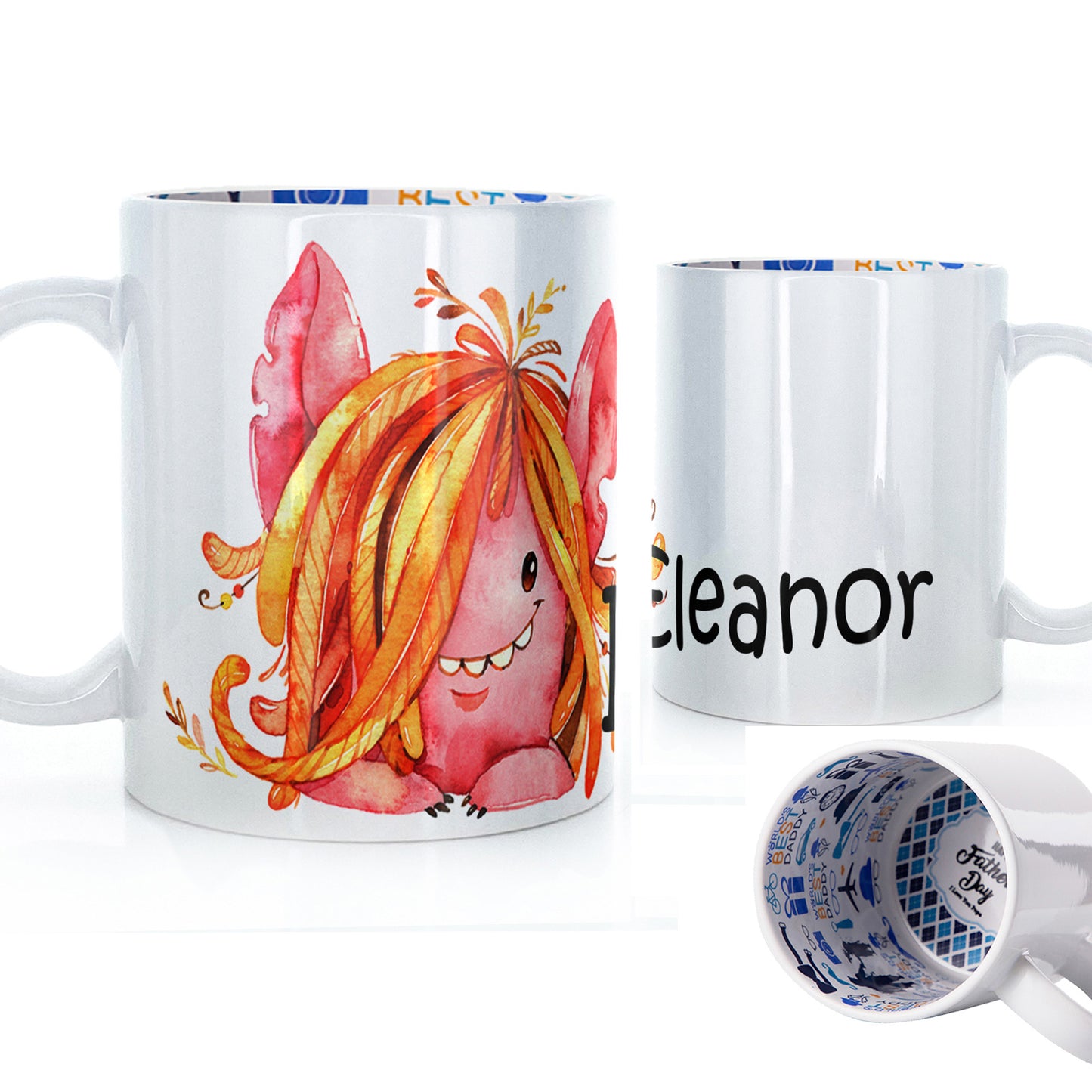 Personalised Mug with Childish Text and Hairy Red Monster