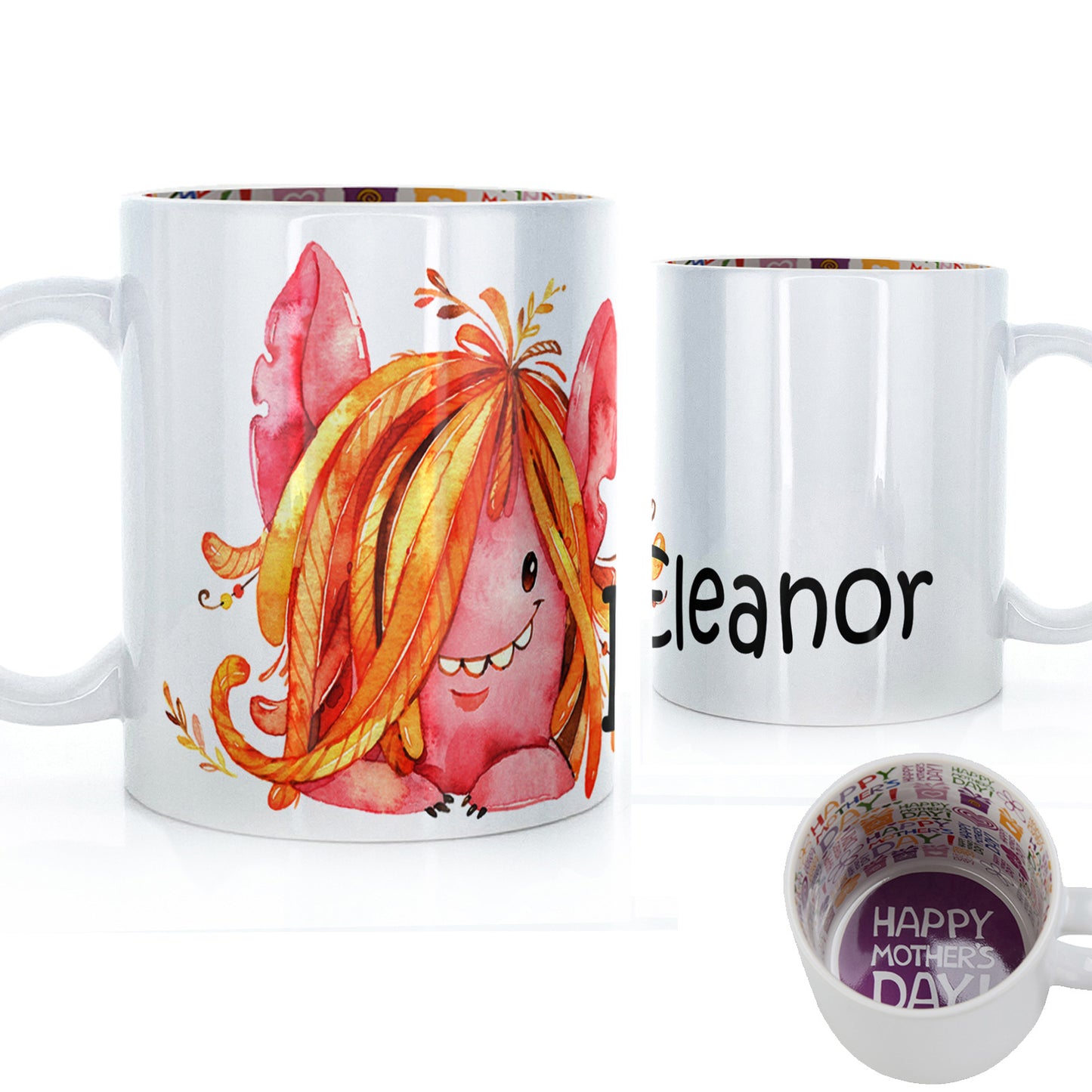 Personalised Mug with Childish Text and Hairy Red Monster