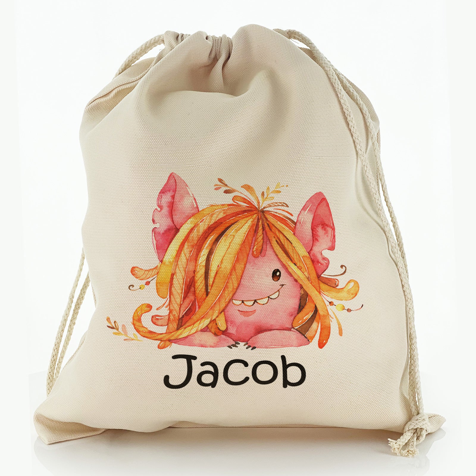 Personalised Canvas Sack with Childish Text and Hairy Red Monster