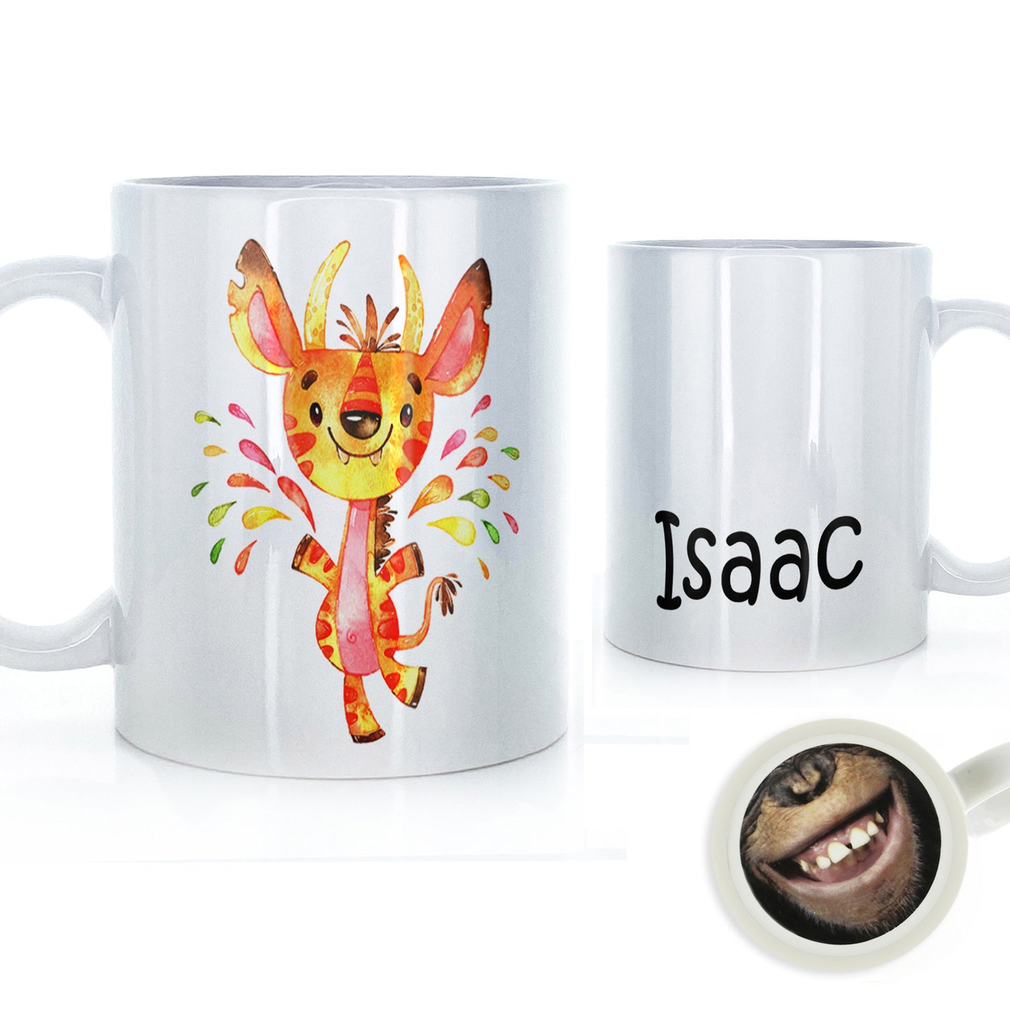 Personalised Mug with Childish Text and Horned Orange Splatter Monster