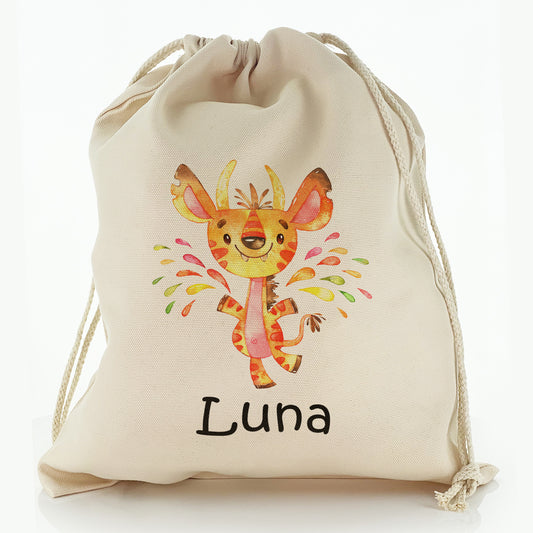 Personalised Canvas Sack with Childish Text and Horned Orange Splatter Monster