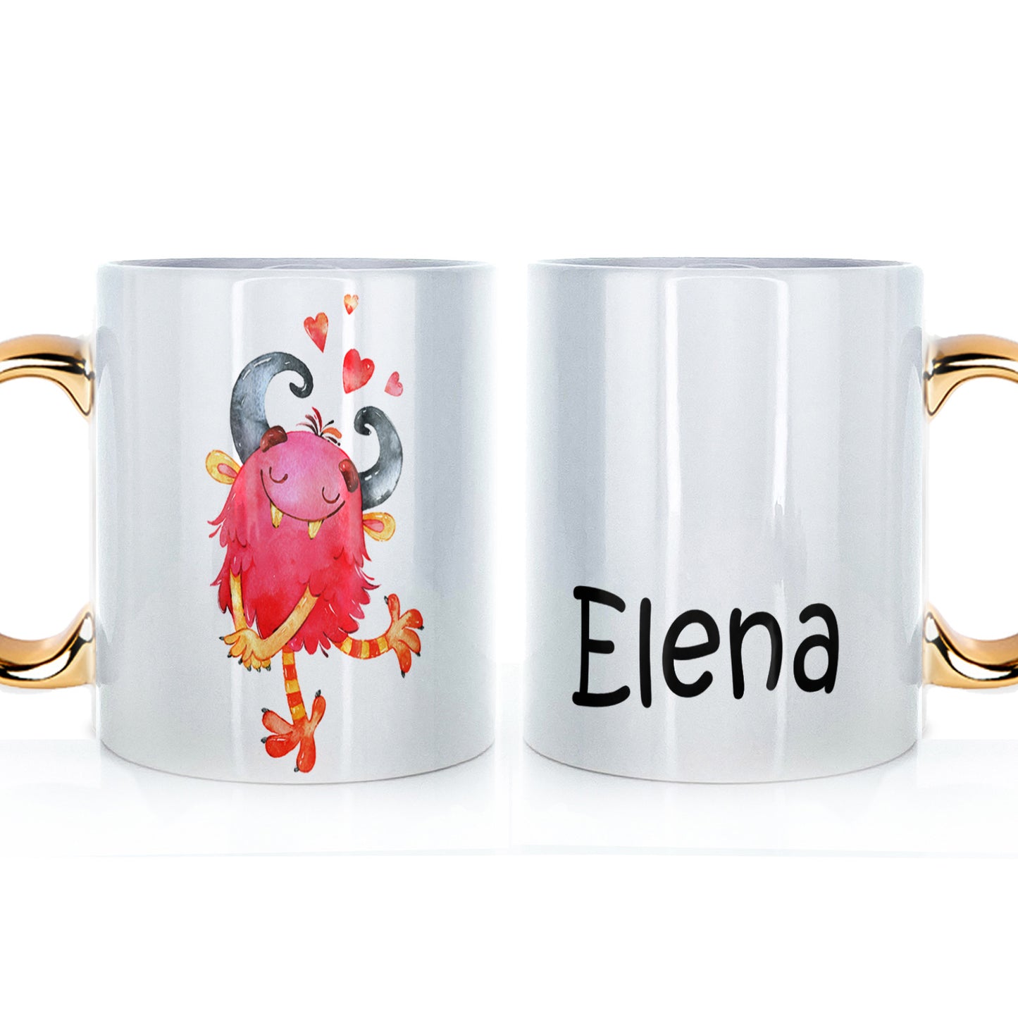 Personalised Mug with Childish Text and Horned Hairy Red Love Monster