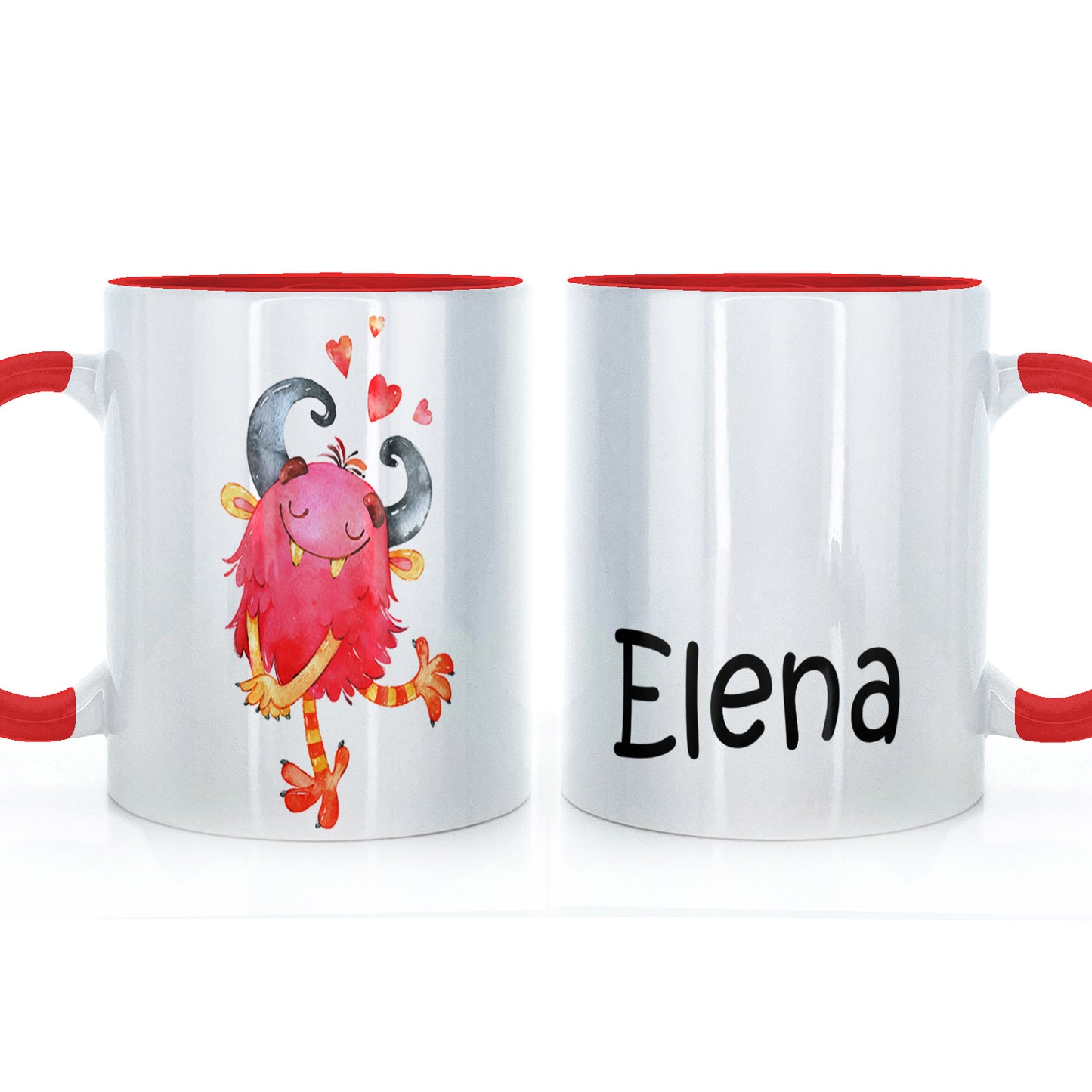Personalisierte Tasse mit kindlichem Text und gehörntem, haarigem, rotem Liebesmonster