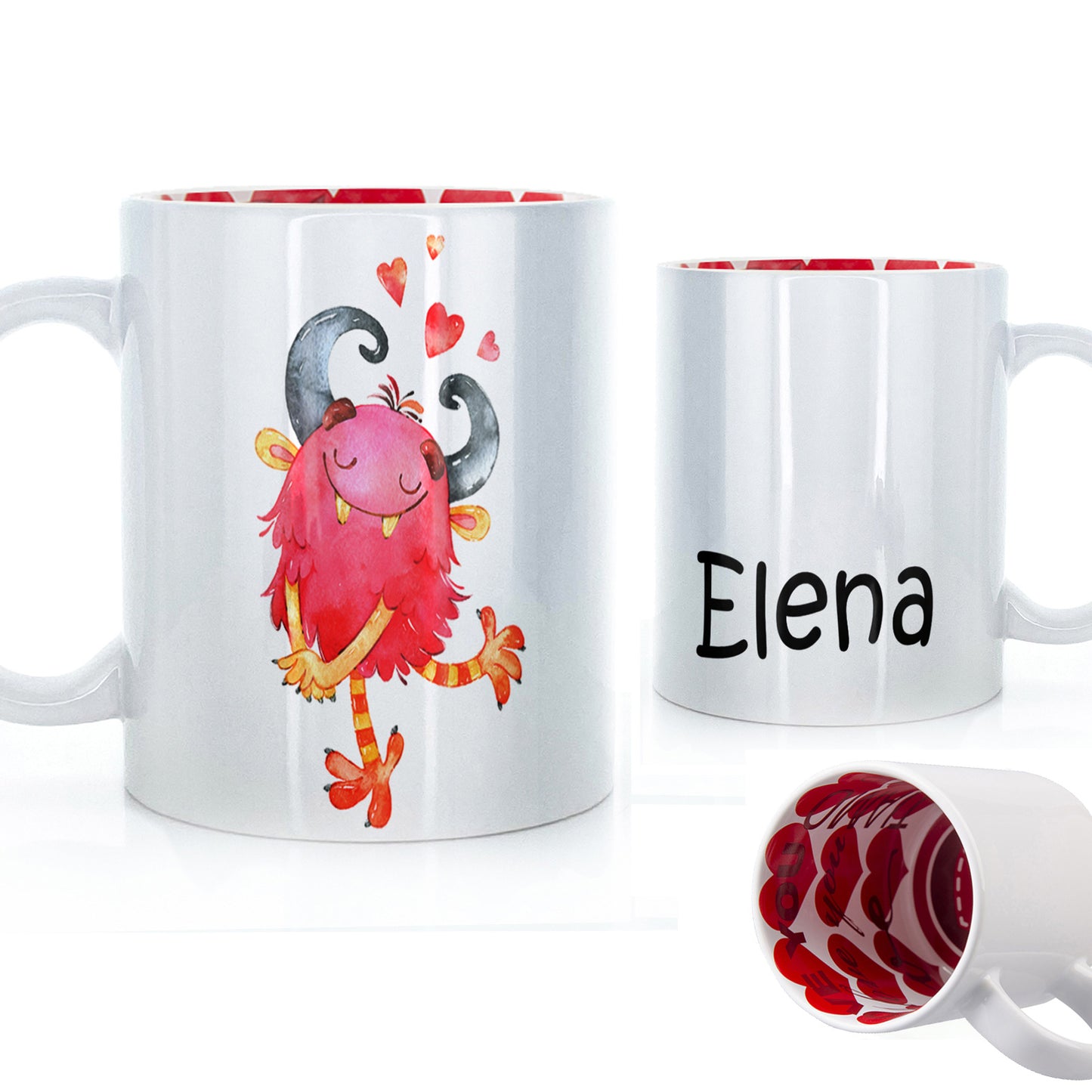 Personalisierte Tasse mit kindlichem Text und gehörntem, haarigem, rotem Liebesmonster