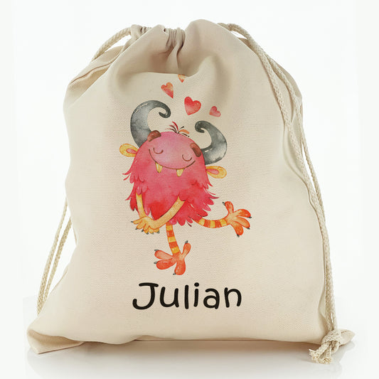 Personalised Canvas Sack with Childish Text and Horned Hairy Red Love Monster