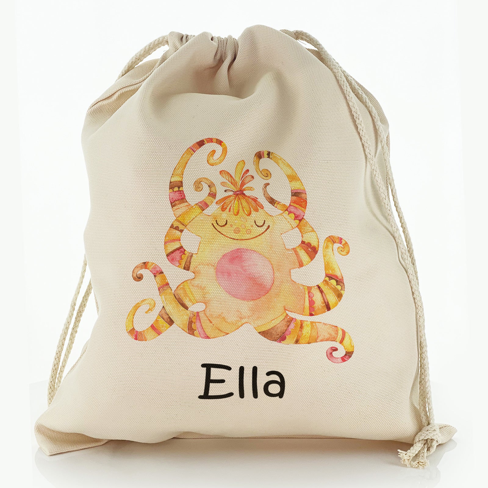 Personalised Canvas Sack with Childish Text and Tentacled Yellow Monster