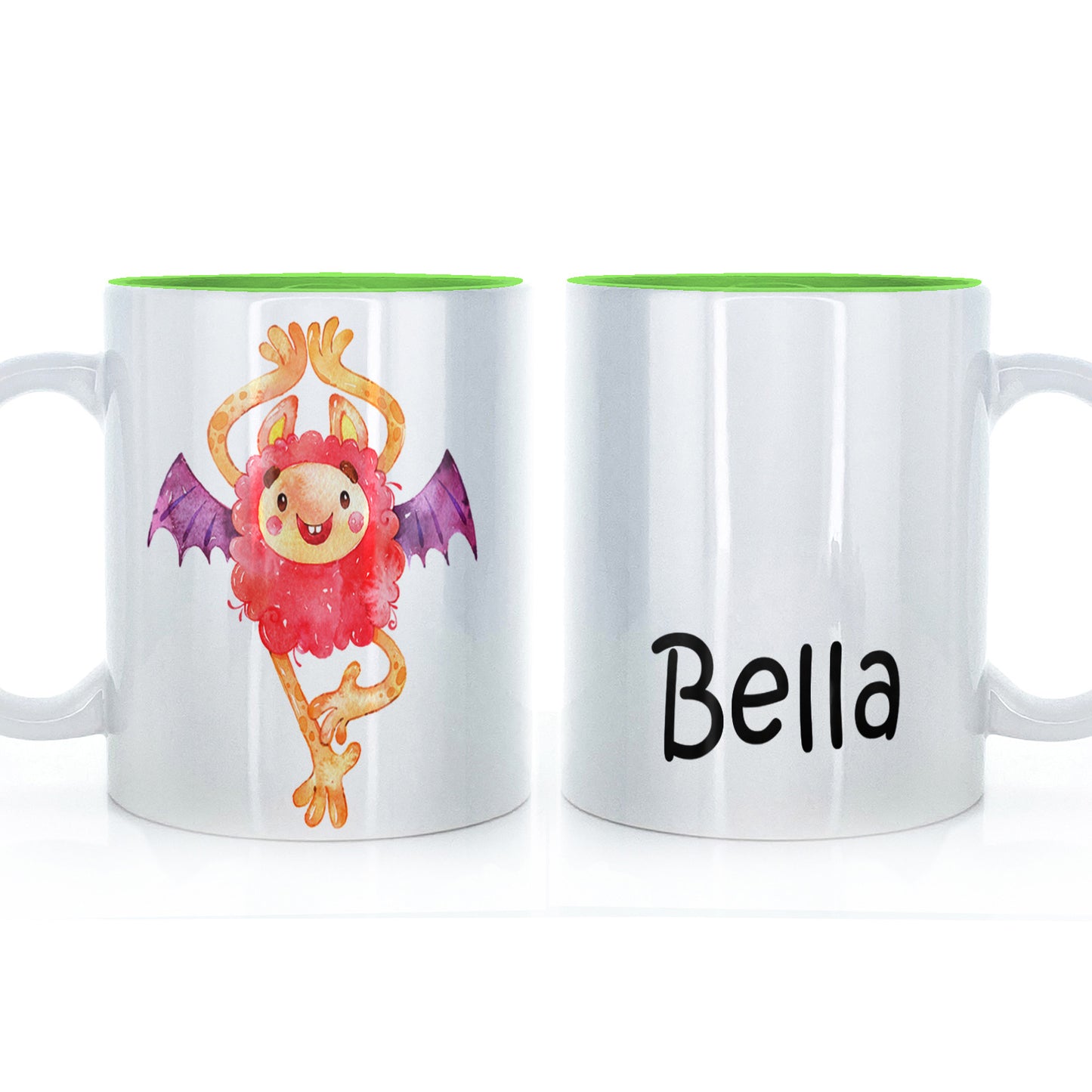 Personalised Mug with Childish Text and Woolly Red Bat Monster