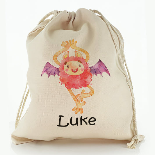 Personalised Canvas Sack with Childish Text and Woolly Red Bat Monster