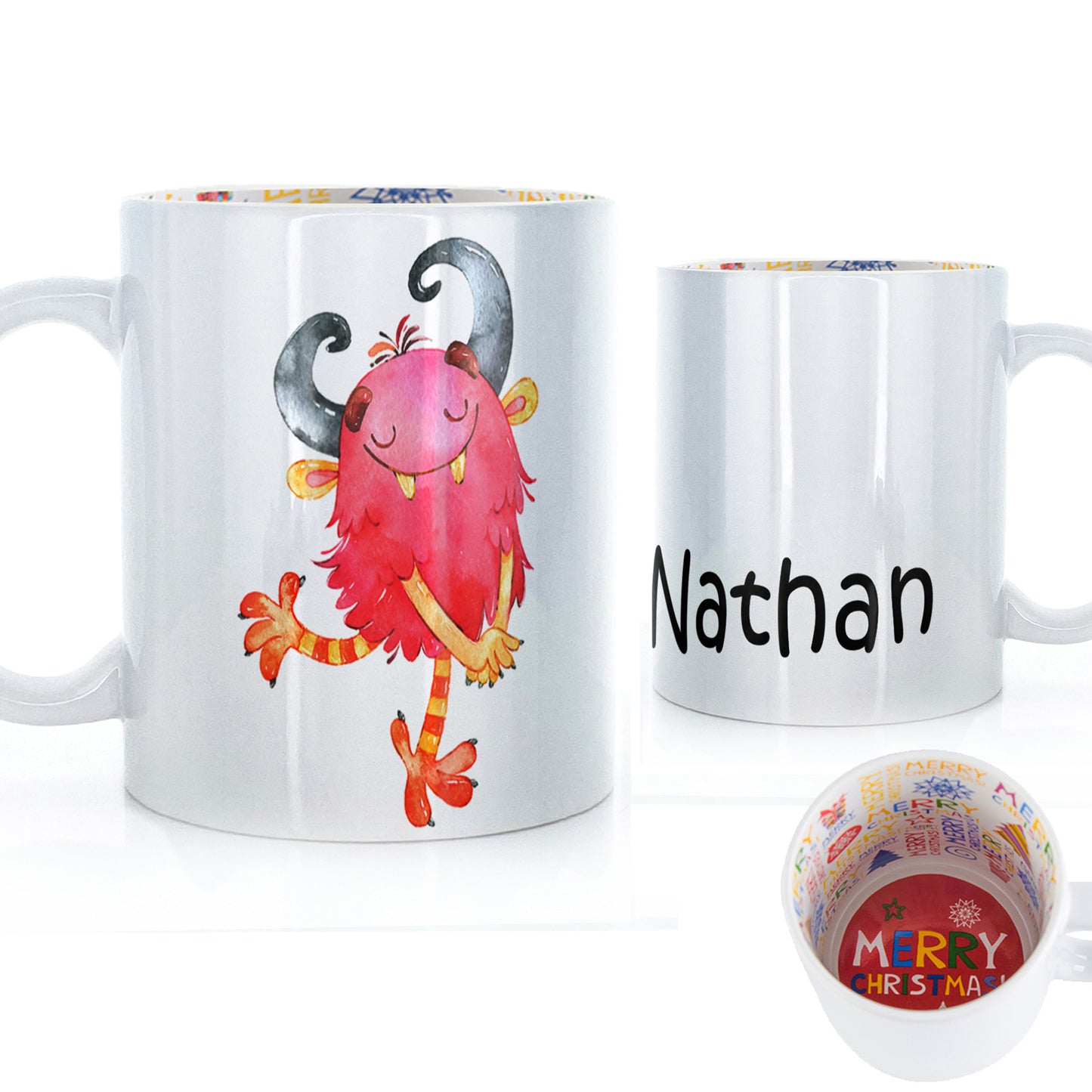 Personalised Mug with Childish Text and Horned Hairy Red Monster