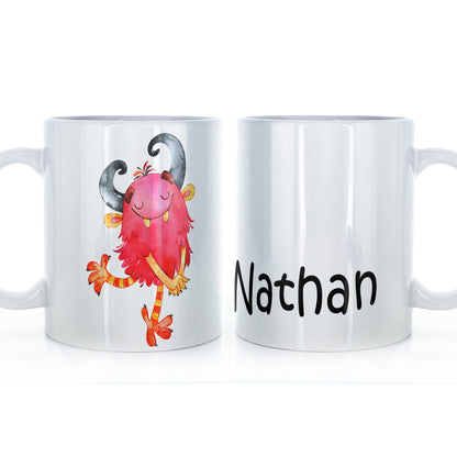 Personalised Mug with Childish Text and Horned Hairy Red Monster
