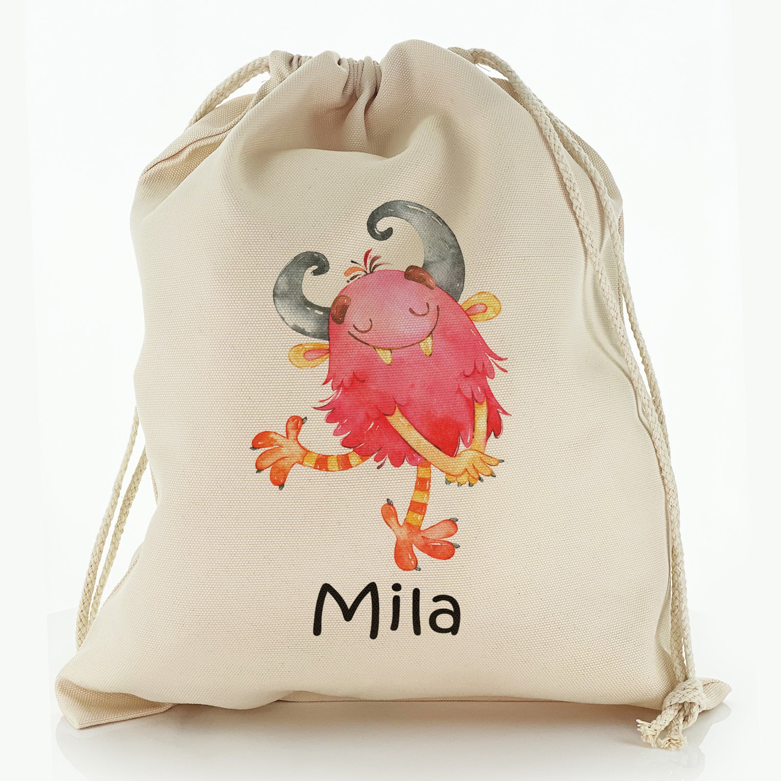 Personalised Canvas Sack with Childish Text and Horned Hairy Red Monster