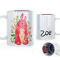 Personalised Mug with Childish Text and Flowered Red Rabbit Monster