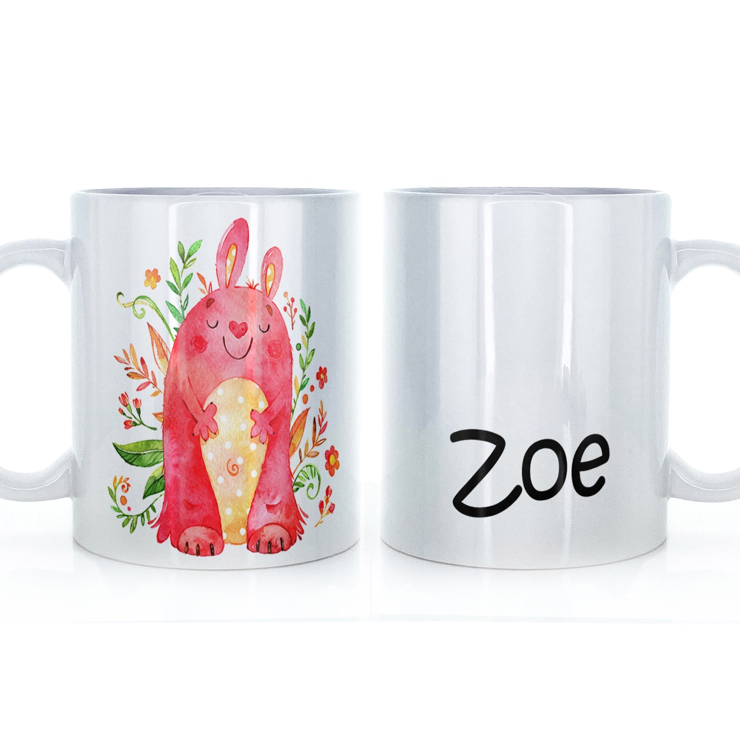 Personalised Mug with Childish Text and Flowered Red Rabbit Monster