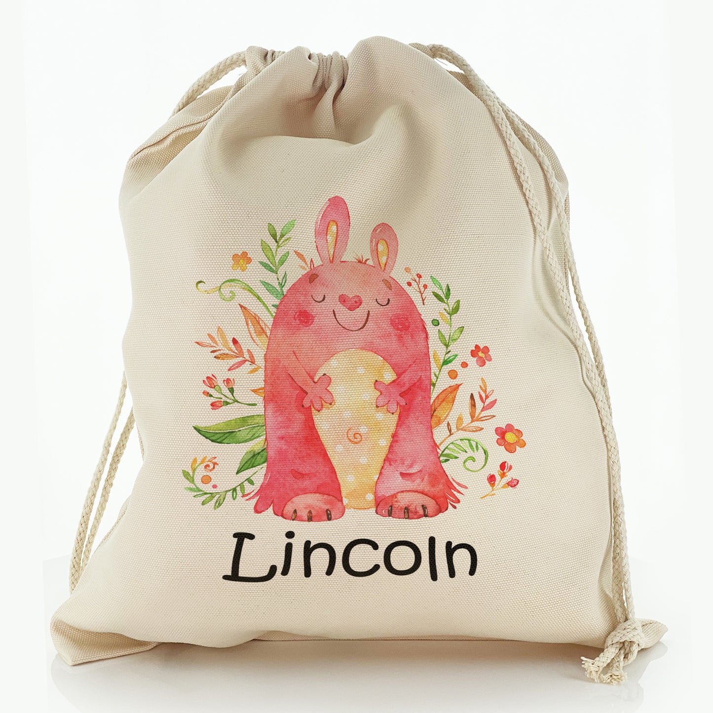 Personalised Canvas Sack with Childish Text and Flowered Red Rabbit Monster