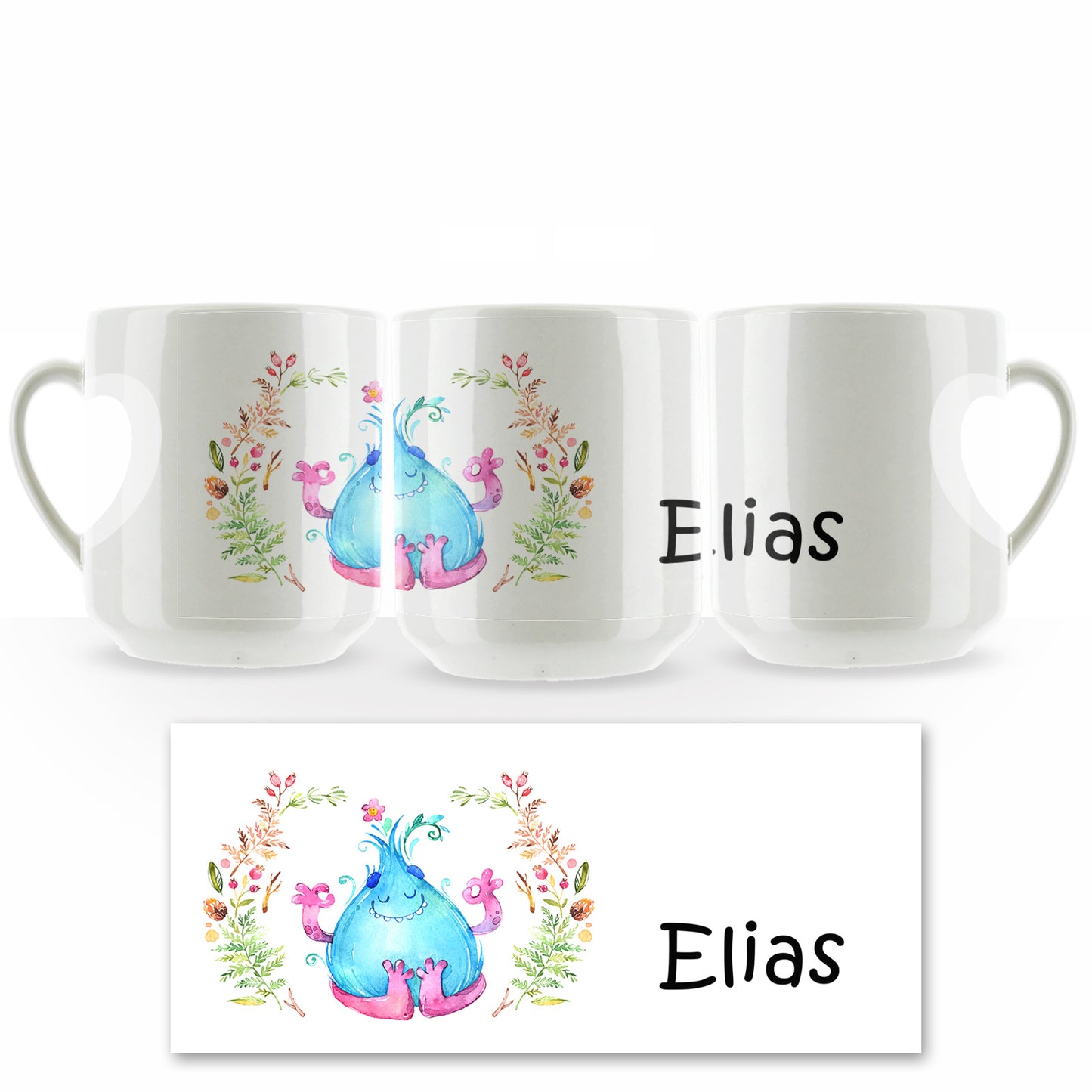 Personalised Mug with Childish Text and Flowered Blue Flame Monster