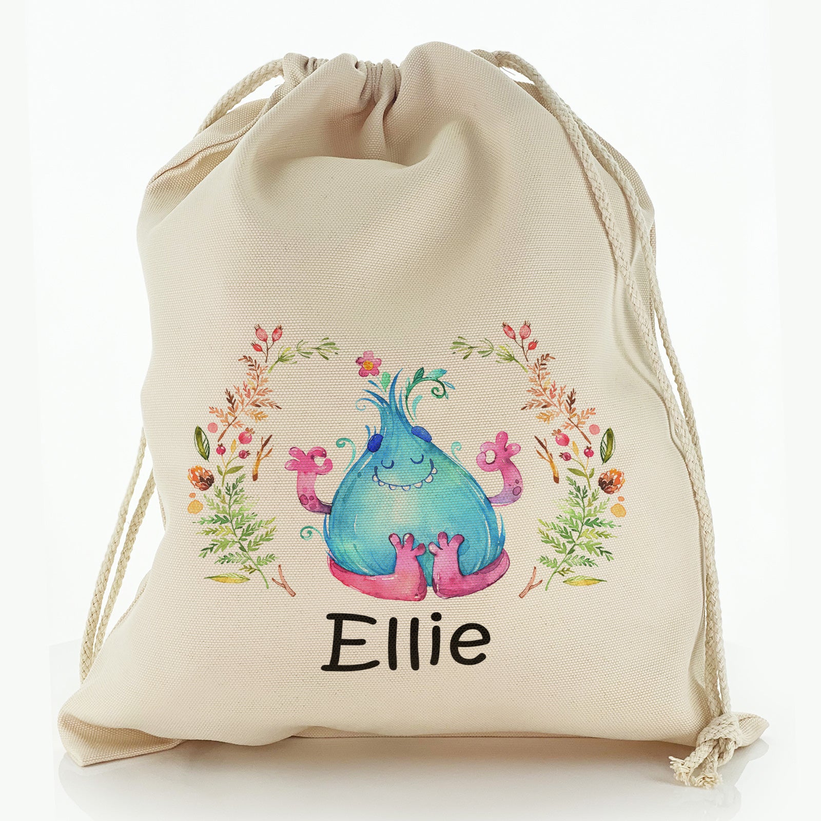 Personalised Canvas Sack with Childish Text and Flowered Blue Flame Monster