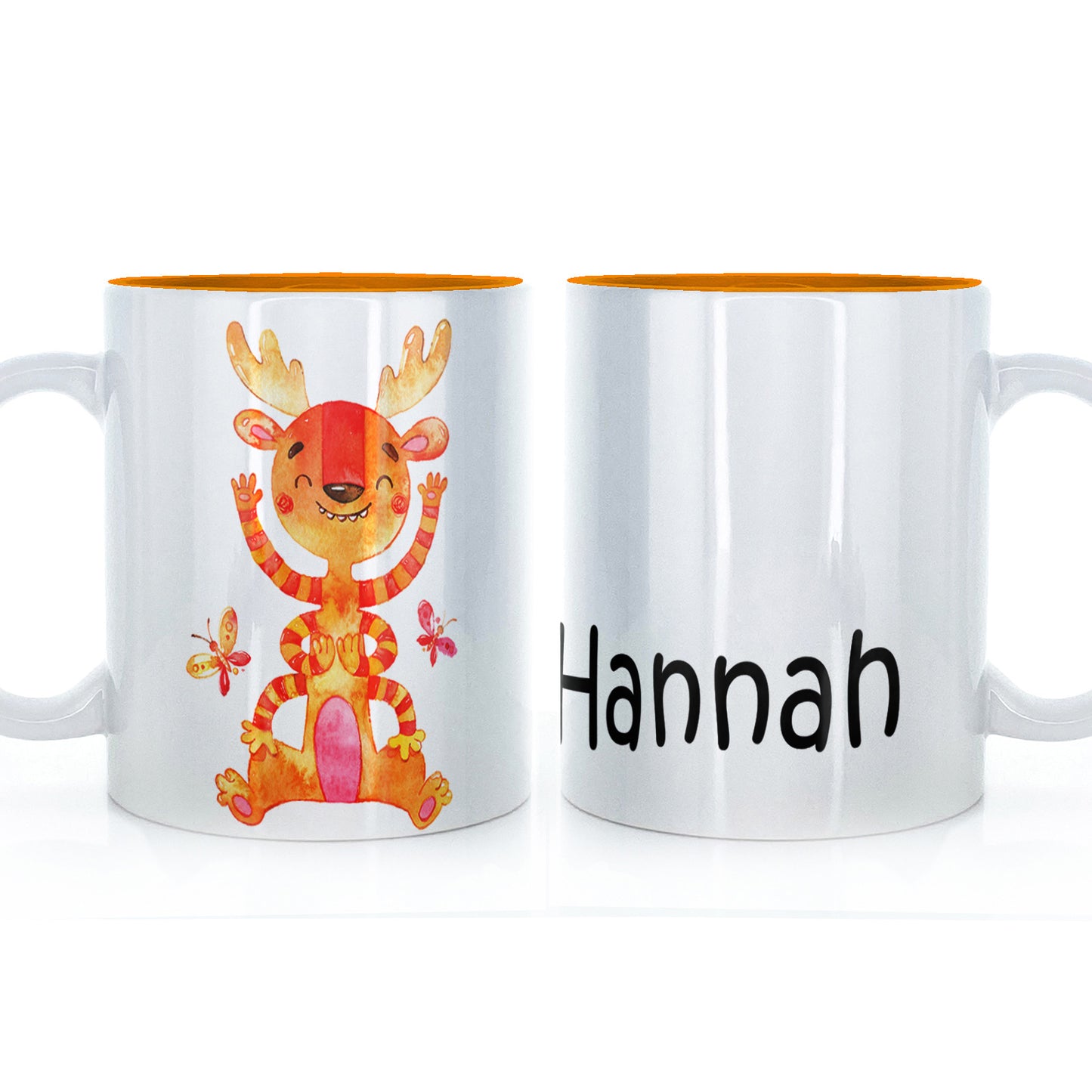Personalisierte Tasse mit kindlichem Text und orange gestreiftem Monster mit Geweih
