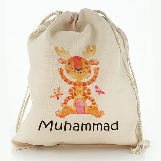 Personalised Canvas Sack with Childish Text and Antlered Orange Striped Monster