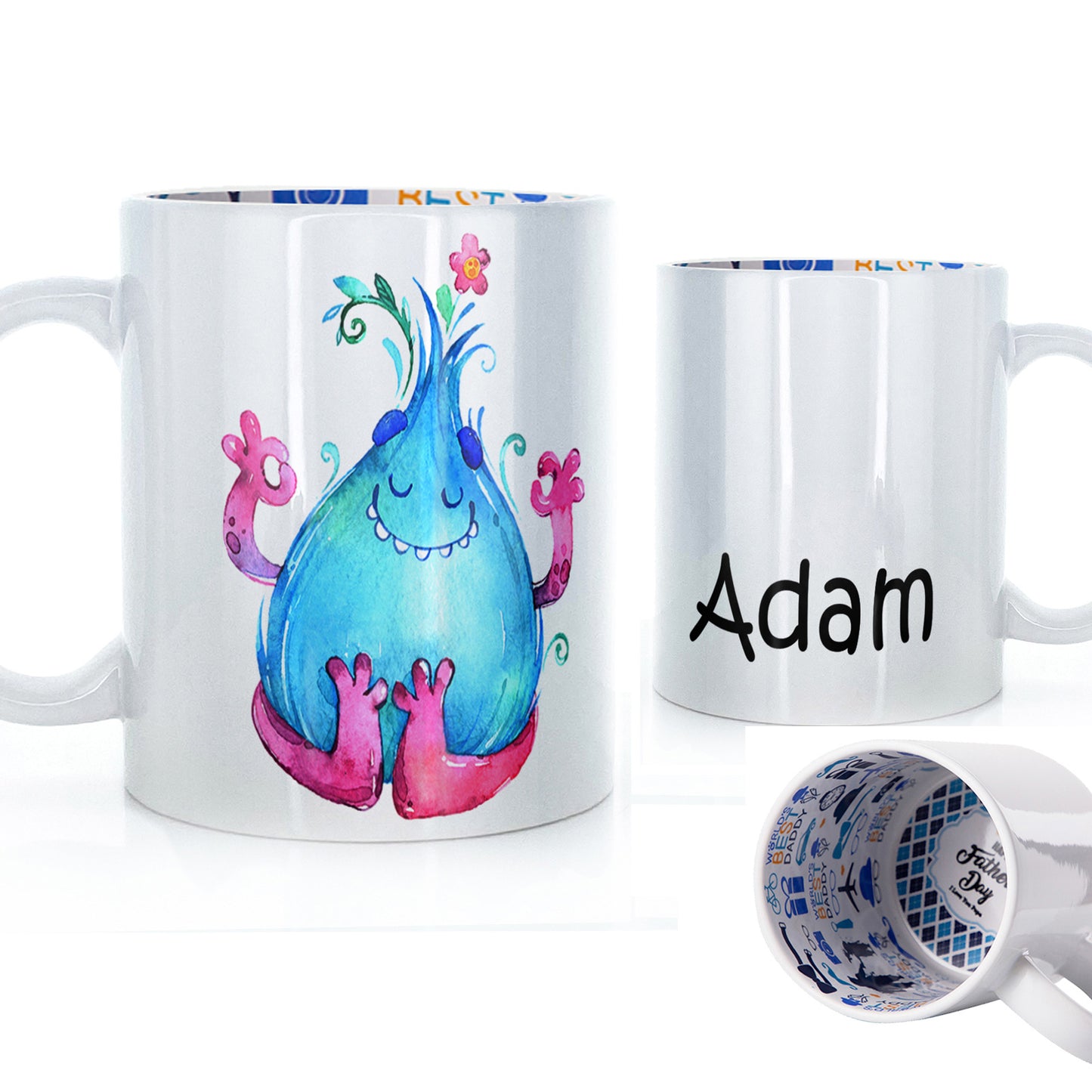 Personalised Mug with Childish Text and Blue Flame Monster