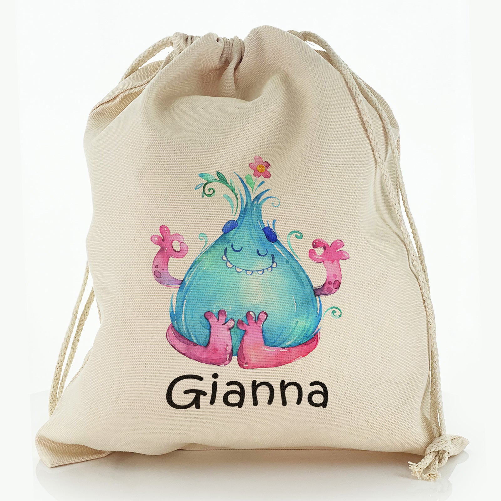 Personalised Canvas Sack with Childish Text and Blue Flame Monster