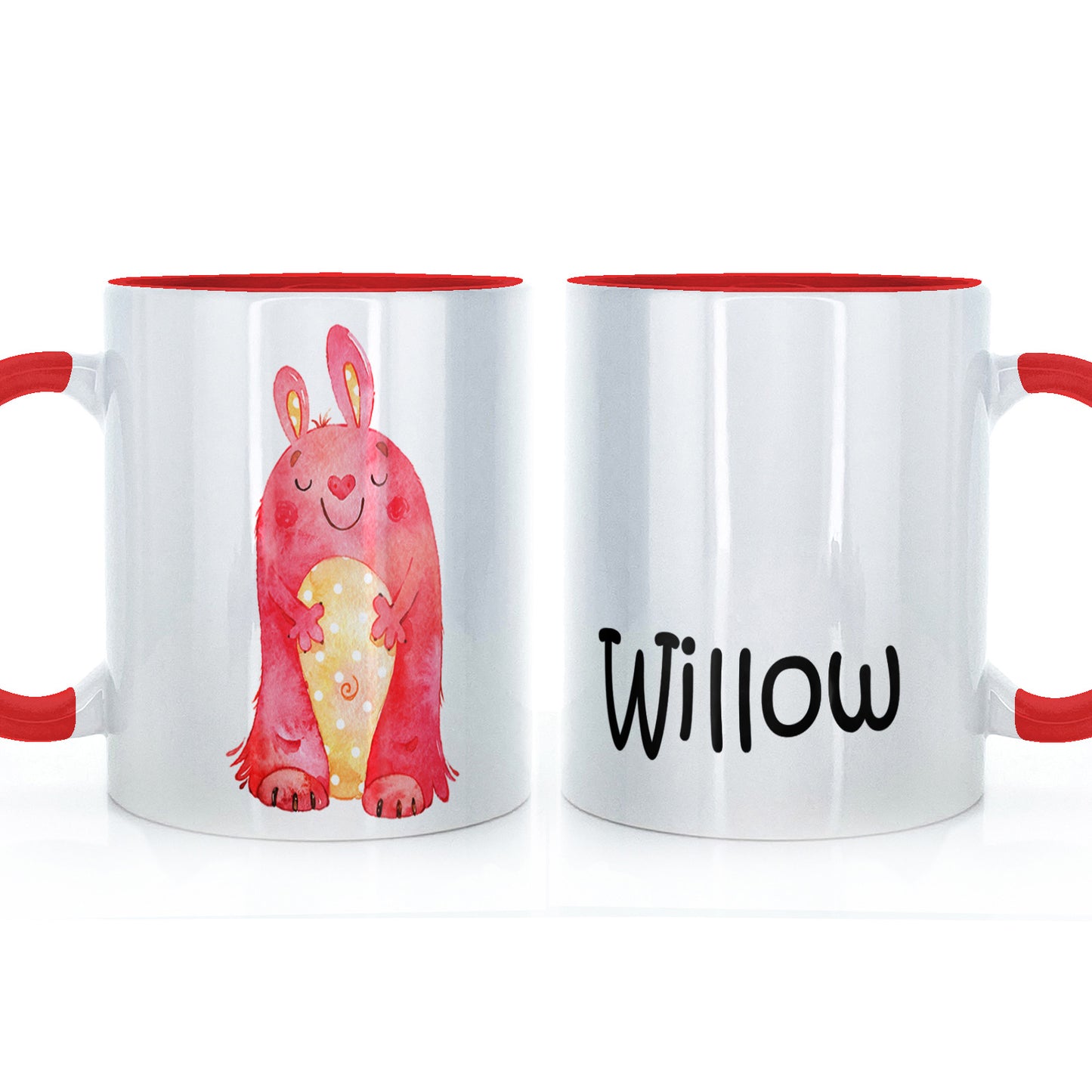 Personalised Mug with Childish Text and Red Rabbit Monster