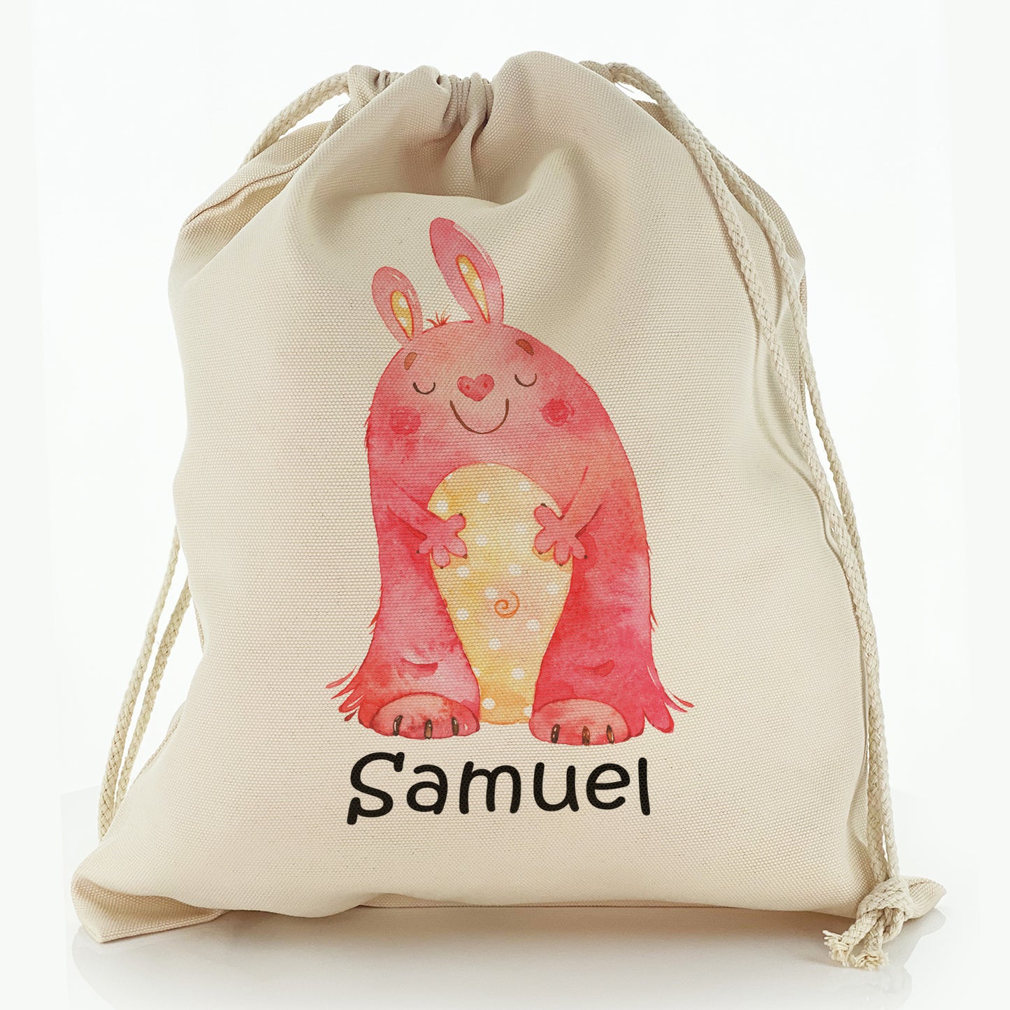 Personalised Canvas Sack with Childish Text and Red Rabbit Monster
