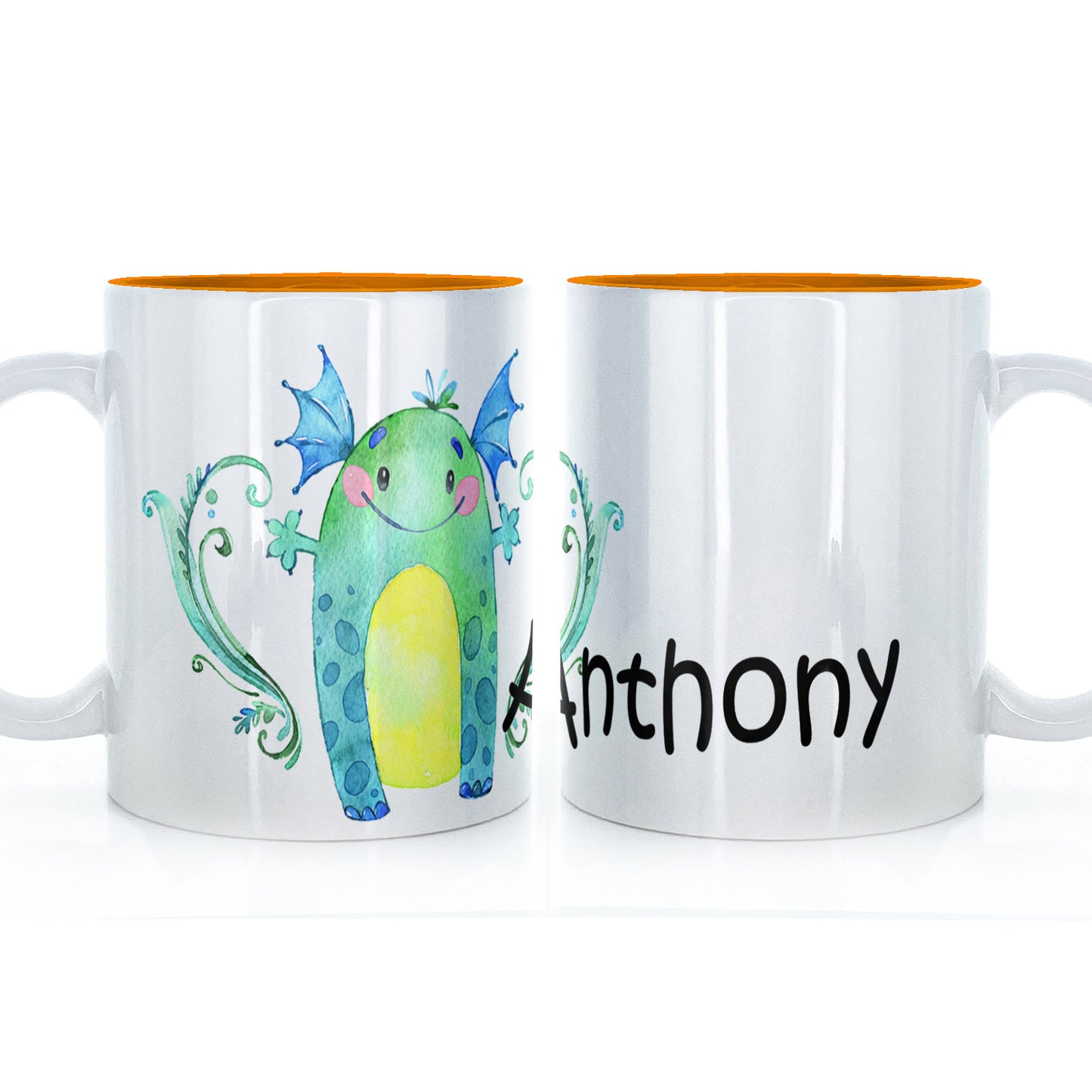 Personalised Mug with Childish Text and Flowered Green Winged Monster