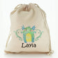 Personalised Canvas Sack with Childish Text and Flowered Green Winged Monster
