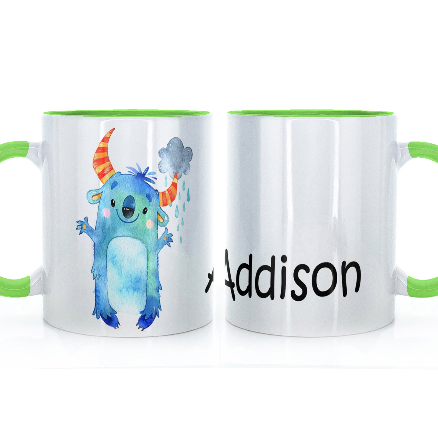 Personalised Mug with Childish Text and Furry Blue Horned Clouded Monster