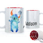 Personalised Mug with Childish Text and Furry Blue Horned Clouded Monster