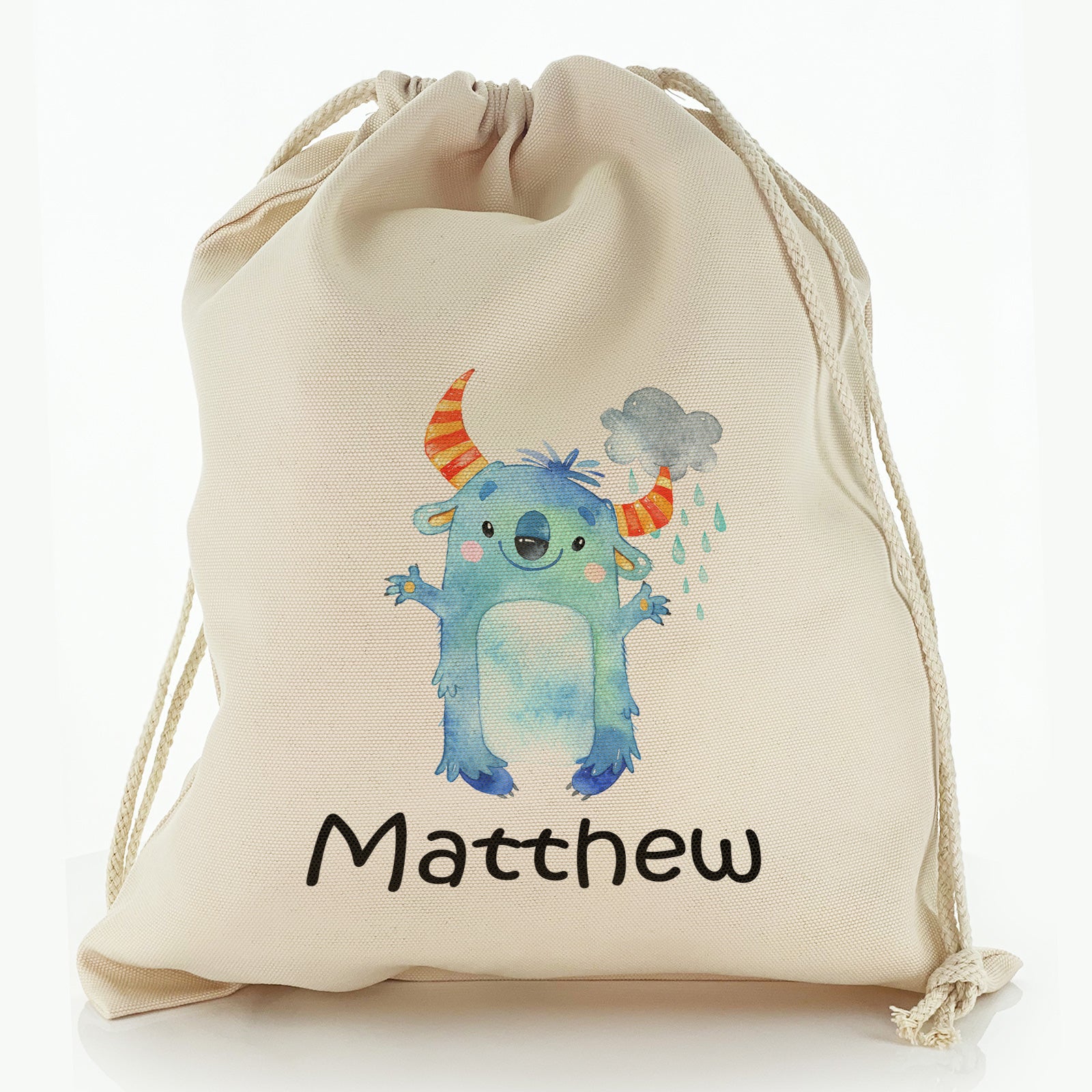 Personalised Canvas Sack with Childish Text and Furry Blue Horned Clouded Monster