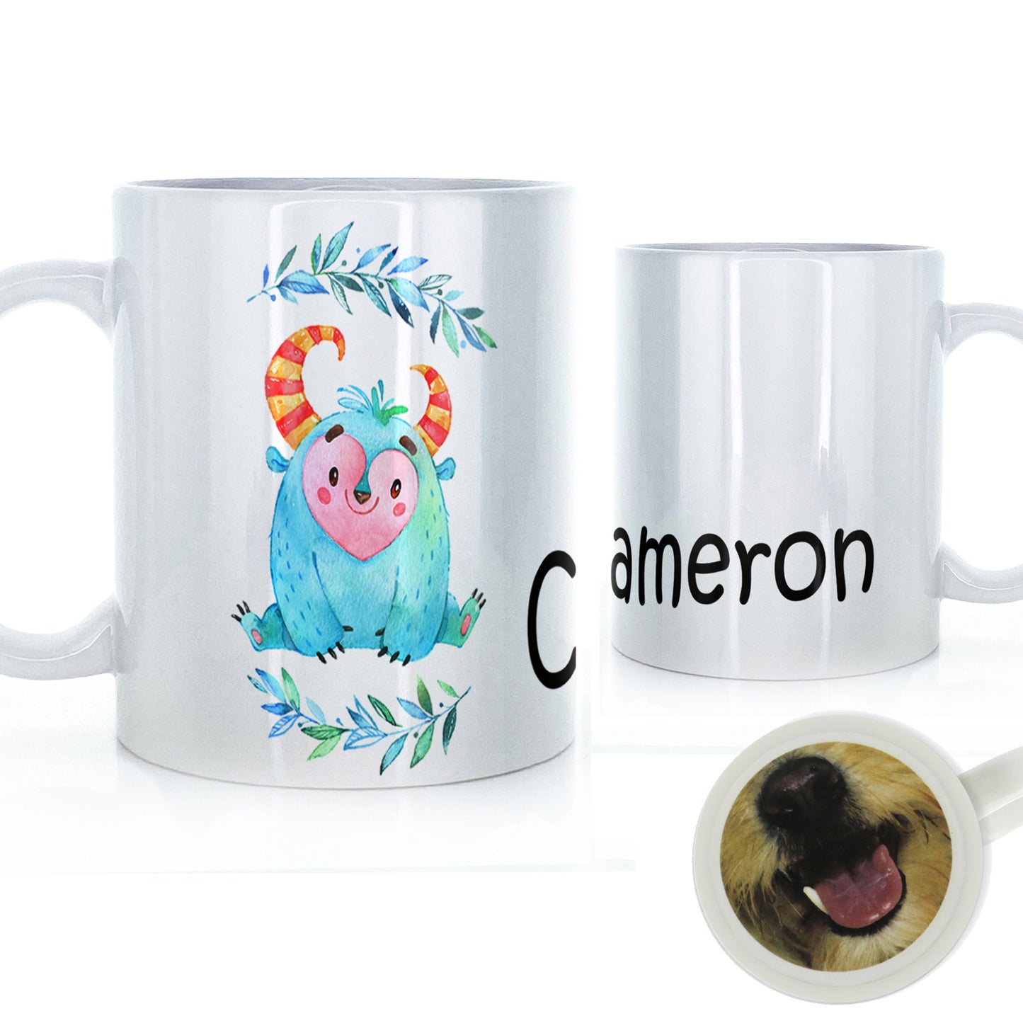 Personalisierte Tasse mit kindlichem Text und pelzigem blauhörnigen Blumenmonster