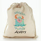 Personalised Canvas Sack with Childish Text and Furry Blue Horned Flowered Monster