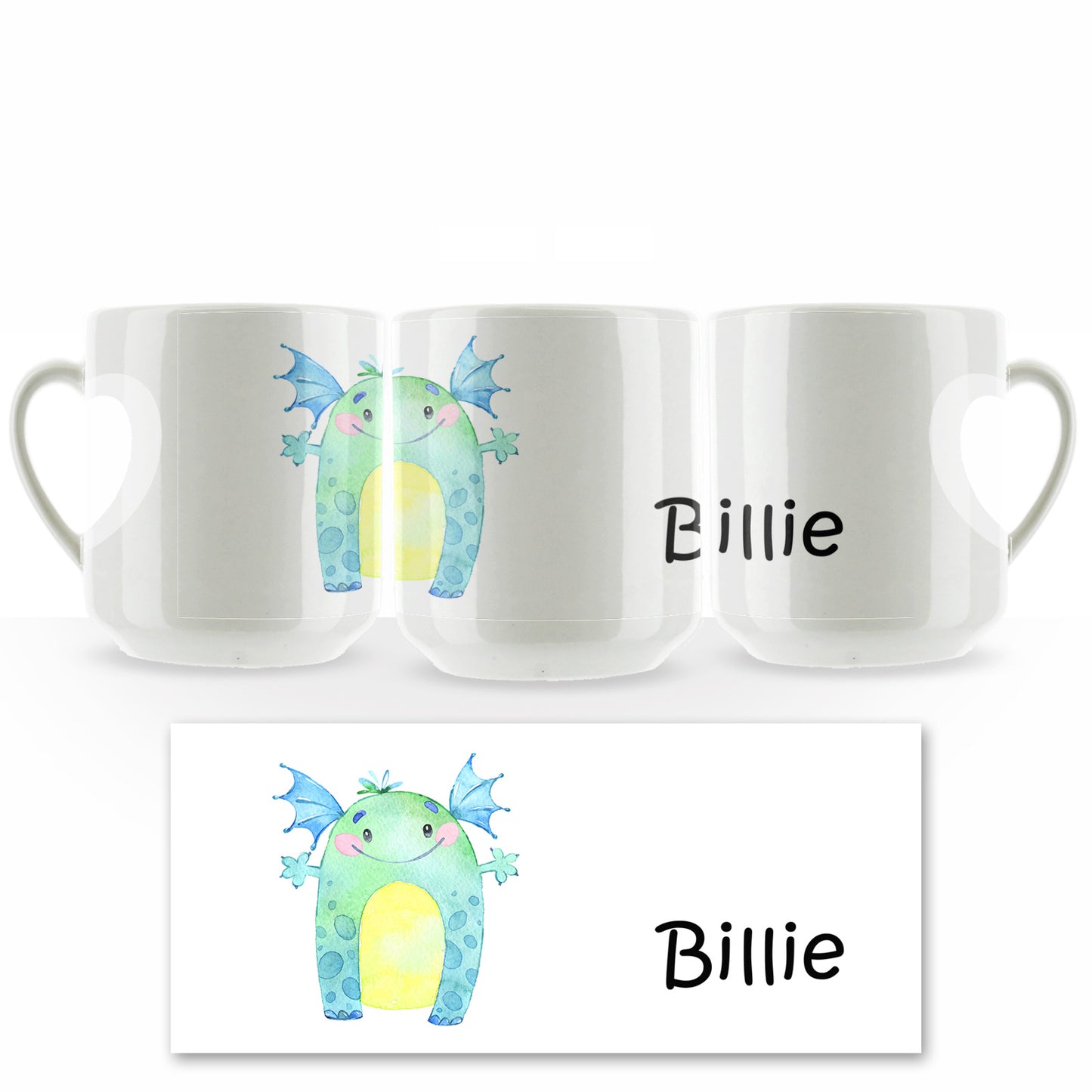 Personalised Mug with Childish Text and Green Winged Monster