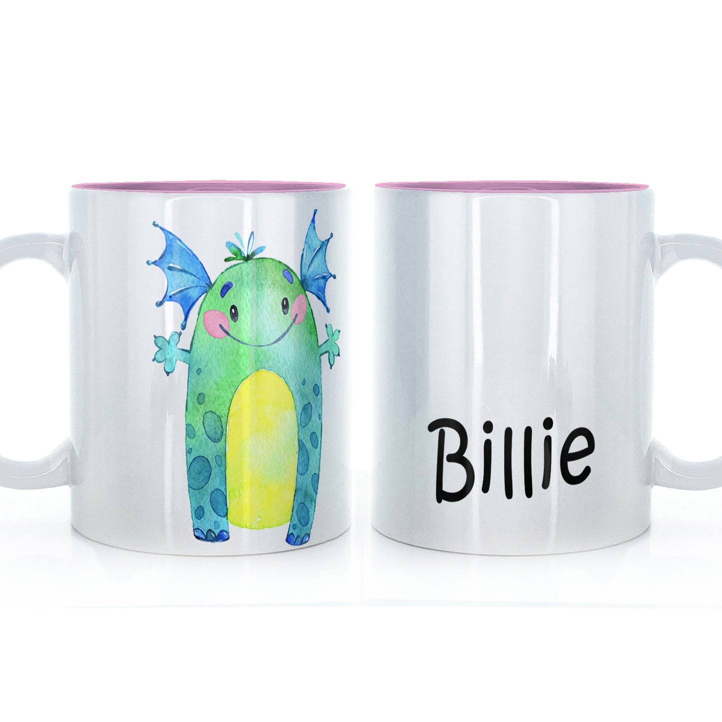 Personalised Mug with Childish Text and Green Winged Monster