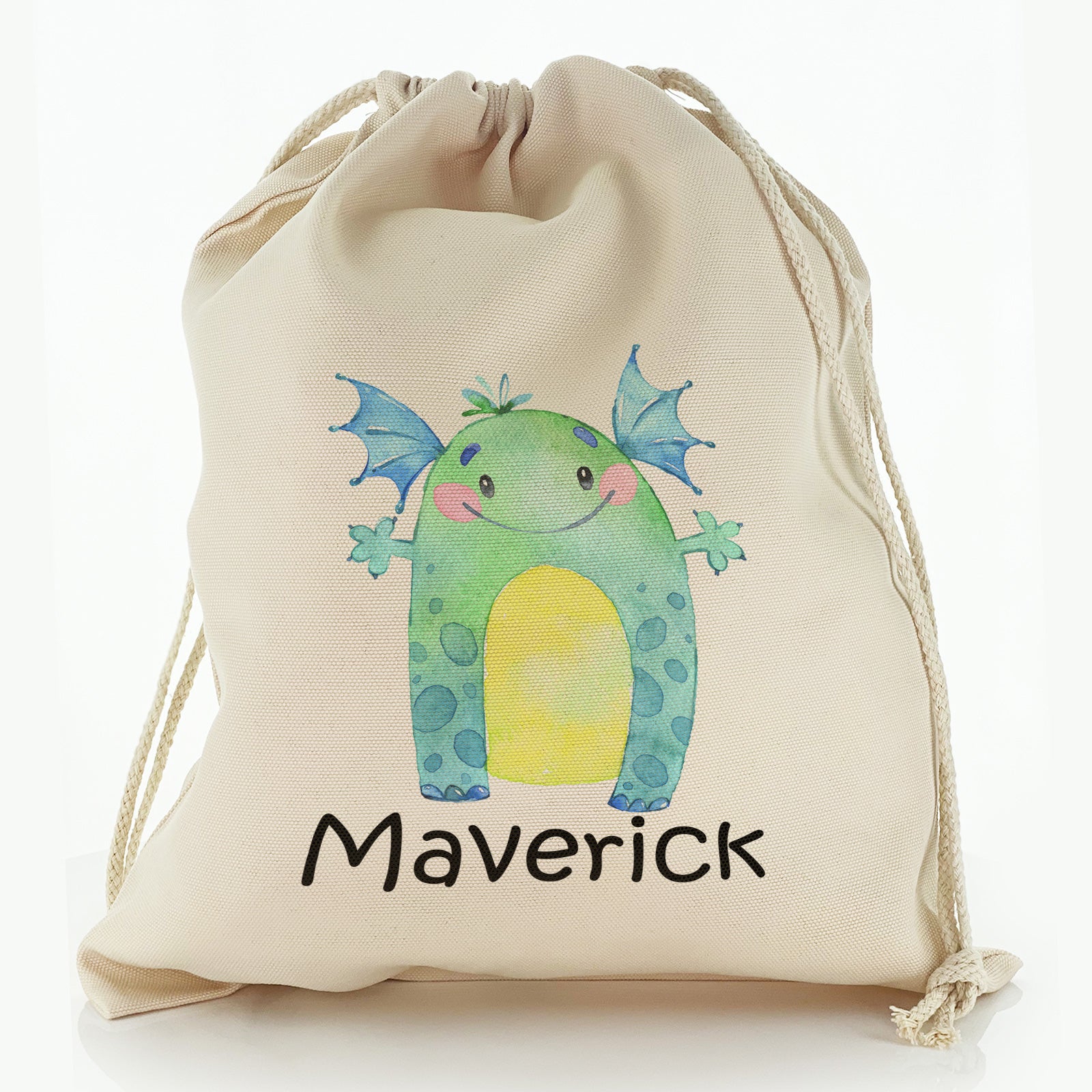 Personalised Canvas Sack with Childish Text and Green Winged Monster