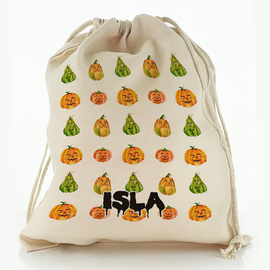 Personalised Canvas Sack with Spooky Text and Pumpkin Monsters